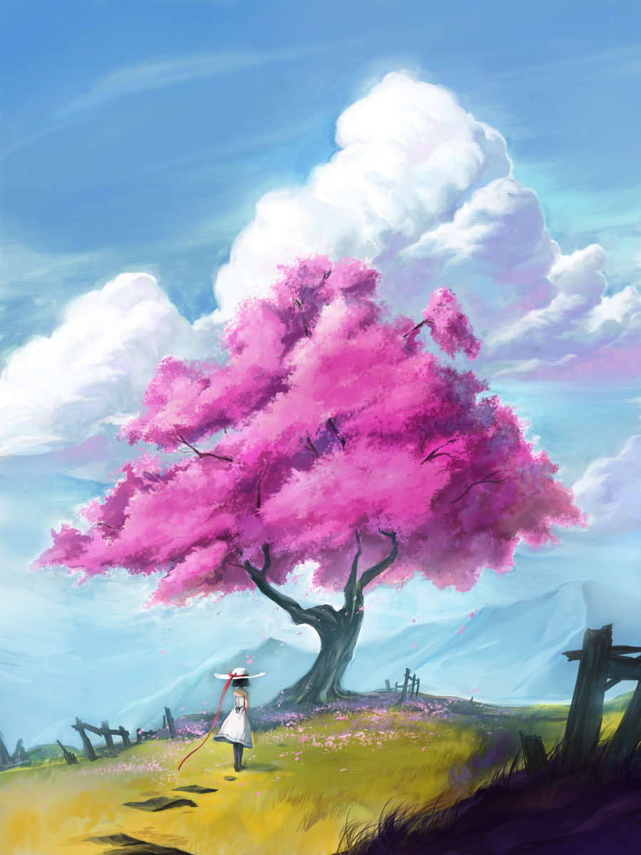cherry_blossoms cloud day dress fence field hat highres original pantyhose patipat_asavasena scenery sky solo sun_hat tree