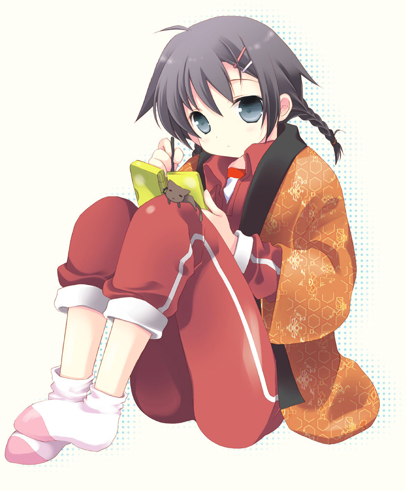 bad_id bad_pixiv_id black_hair blue_eyes blush braid cat hair_ornament hairclip handheld_game_console nintendo_ds original socks solo stuffed_animal stuffed_toy stylus tokumi_yuiko track_suit twin_braids twintails