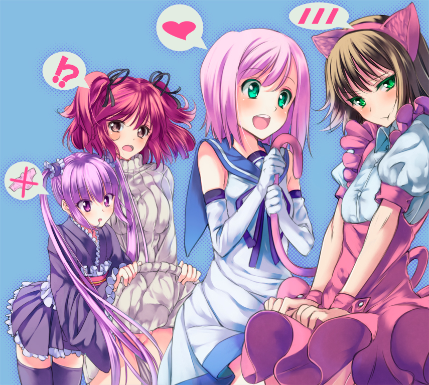 !? 4girls :d :t ? animal_ears bad_id bad_pixiv_id blue_sailor_collar blush brown_eyes brown_hair cat_ears censored cheria_barnes colored_eyelashes convenient_censoring cosplay crossed_out crossover dress elbow_gloves estellise_sidos_heurassein eyelashes gloves green_eyes haru_(arser_doil) heart holding_another's_tail japanese_clothes kanonno_earhart kanonno_earhart_(cosplay) long_hair multiple_girls no_panties open_mouth panties pink_hair pink_panties purple_hair red_hair rita_mordio sailor_collar shirt_lift short_hair smile sophie_(tales) speech_bubble spoken_blush spoken_exclamation_mark spoken_heart spoken_interrobang spoken_object spoken_panties spoken_question_mark sweater tail tail_grab tales_of_(series) tales_of_graces tales_of_vesperia thighhighs twintails underwear