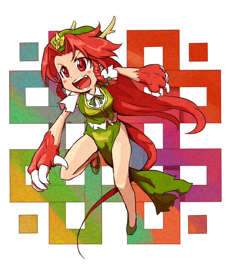 alternate_eye_color bad_id bad_pixiv_id blush bow braid chinese_clothes claws dragon_girl hair_bow hat hong_meiling horns kemonomimi_mode long_hair monster_girl open_mouth red_eyes red_hair shibasaki_shouji smile solo touhou twin_braids