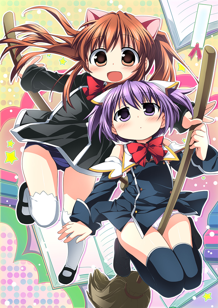:d aloe_(quiz_magic_academy) animal_ears blush broom brown_eyes brown_hair cat_ears commentary_request detached_sleeves long_hair multiple_girls myu_(quiz_magic_academy) nagayama_yuunon open_mouth panties ponytail purple_eyes purple_hair quiz_magic_academy school_swimsuit school_uniform smile swimsuit swimsuit_under_clothes thighhighs twintails two_side_up underwear white_panties