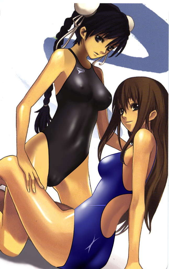 ar_tonelico ar_tonelico_i aurica_nestmile black_hair braid brown_hair competition_swimsuit long_hair midriff misha_arsellec_lune multiple_girls nagi_ryou non-web_source one-piece_swimsuit swimsuit third-party_edit