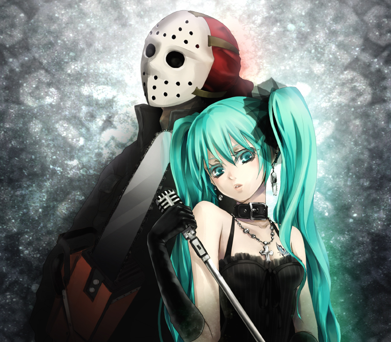 1girl aqua_eyes aqua_hair bare_shoulders chainsaw collar commentary_request crossover earrings elbow_gloves gloves hatsune_miku hockey_mask jason_voorhees jewelry long_hair md5_mismatch microphone microphone_stand necklace twintails vocaloid yamano_uzura