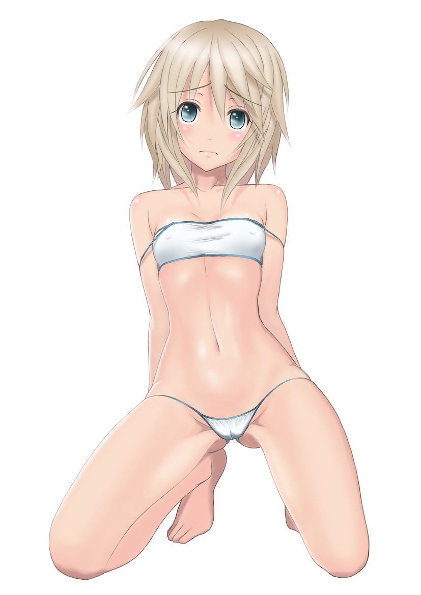 aqua_eyes bandeau bare_shoulders barefoot bikini blonde_hair blush breasts cameltoe face kneeling looking_at_viewer lowleg lowleg_bikini muffin_(sirumeria) navel off_shoulder original short_hair silver_hair small_breasts solo strap_slip swimsuit taut_clothes