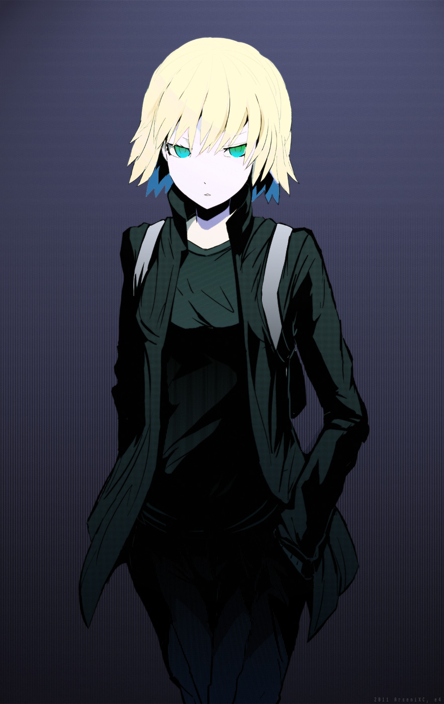 androgynous aqua_eyes arsenixc bad_deviantart_id bad_id black_jacket blonde_hair blue_background green_eyes highres jacket long_sleeves looking_at_viewer multicolored multicolored_eyes open_clothes open_jacket original pants short_hair simple_background solo