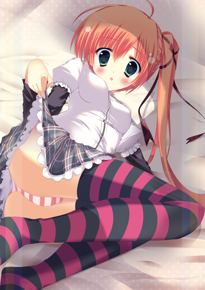 aqua_eyes bad_id bad_pixiv_id blush hair_ribbon itsui_(dihydrogenmonoxid) long_hair open_mouth orange_hair original panties parody ponytail ribbon side_ponytail skirt skirt_lift solo striped striped_legwear striped_panties style_parody thighhighs underwear