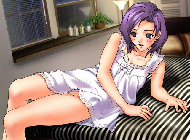 bed bedroom casual_romance_club exposed_thigh houkago_ren-ai_club purple_eyes purple_hair white_nightgown window