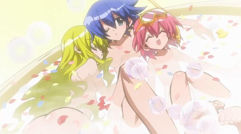 3girls bathtub kuchinashi mio needless nude petals scuba_mask setsuna yuri