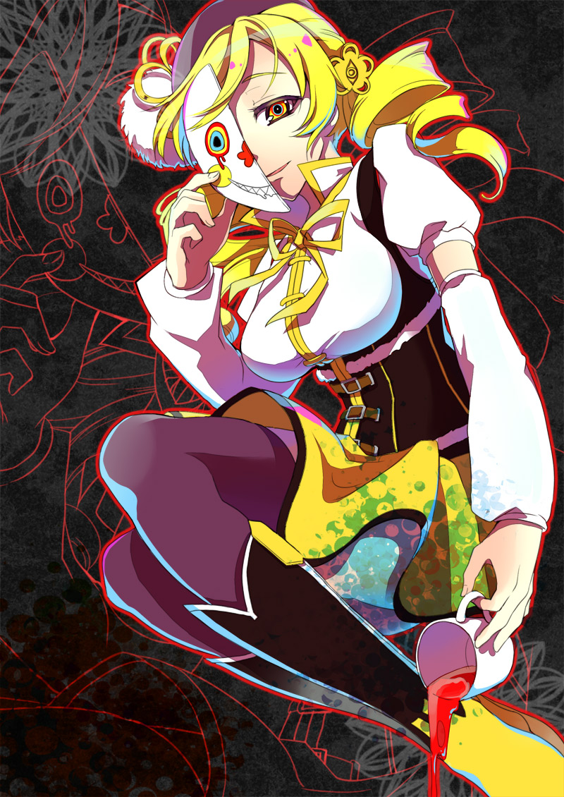beret blonde_hair boots charlotte_(madoka_magica) cup detached_sleeves drill_hair hair_ornament hat magical_girl mahou_shoujo_madoka_magica mask multicolored multicolored_eyes pochi_(pochi-goya) skirt smile solo thighhighs tomoe_mami twin_drills twintails zettai_ryouiki