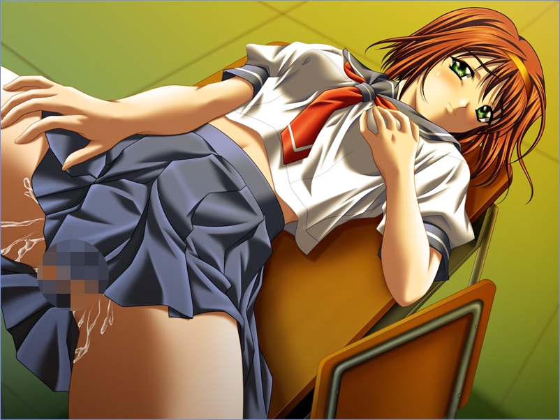 breast_hold brown_hair censored classroom lying pussy_juice school_uniform tagme