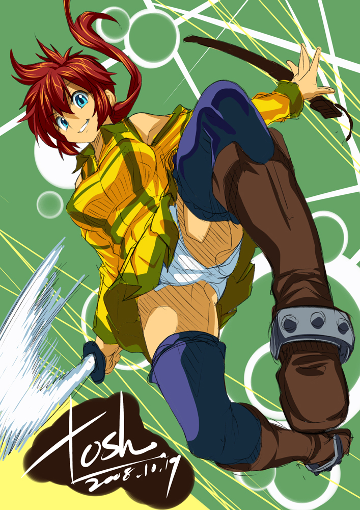 blue_eyes boots dress pantsu ponytail red_hair sword tagme thighhighs tosh