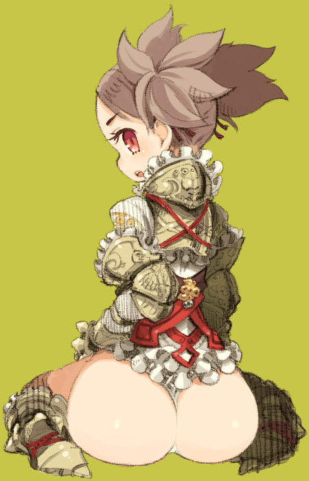 armor ass brown_hair copyright_request elbow_pads from_behind green_background looking_back mota no_pants open_mouth panties red_eyes simple_background sitting solo thong twintails underwear wariza white_panties