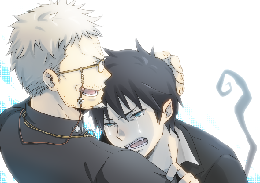 ao_no_exorcist bad_id bad_pixiv_id black_hair blonde_hair collared_shirt formal fujimoto_shirou glasses half-closed_eyes male_focus multiple_boys okumura_rin pakkaane parted_lips pointy_ears shirt simple_background suit tail tears teeth upper_body white_background