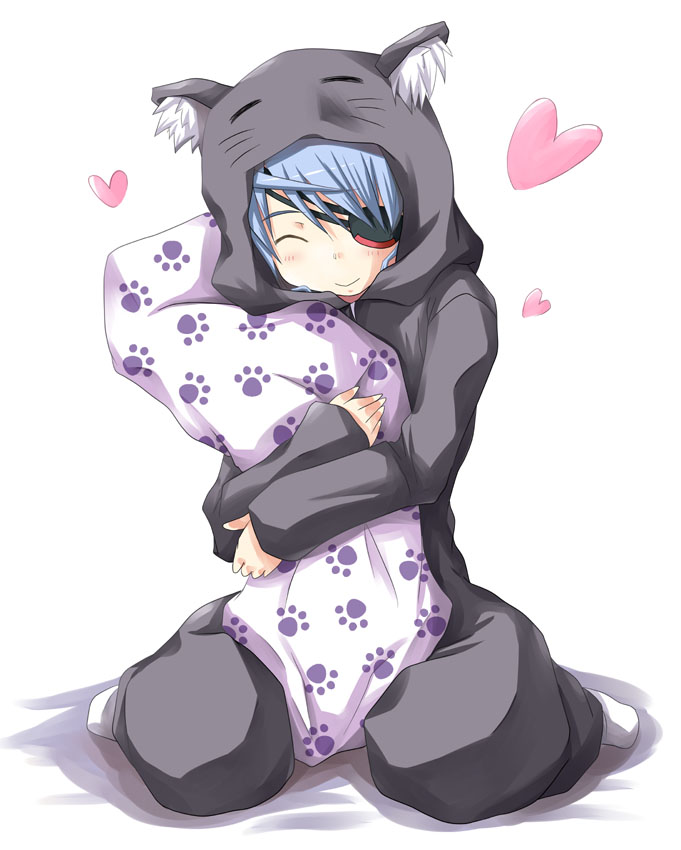 animal_costume blue_hair closed_eyes costume eyepatch heart infinite_stratos laura_bodewig mister_(black_and_white) paw_print pillow pillow_hug smile solo