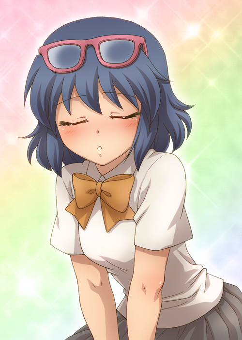 blue_hair blush closed_eyes eyewear_on_head glasses inazuma_eleven inazuma_eleven_(series) incoming_kiss maron_(quintet_colors) otonashi_haruna school_uniform short_hair solo