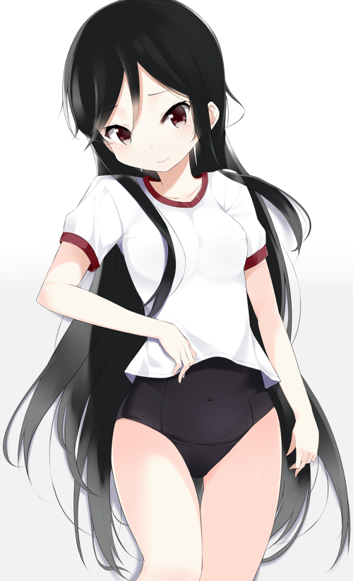 a_channel bad_id bad_pixiv_id black_hair black_school_swimsuit blush breasts brown_eyes collarbone covered_navel gym_uniform long_hair navel nervous nishi_yuuko one-piece_swimsuit school_swimsuit simple_background small_breasts soburi solo swimsuit swimsuit_under_clothes thigh_gap thighs tsurime very_long_hair