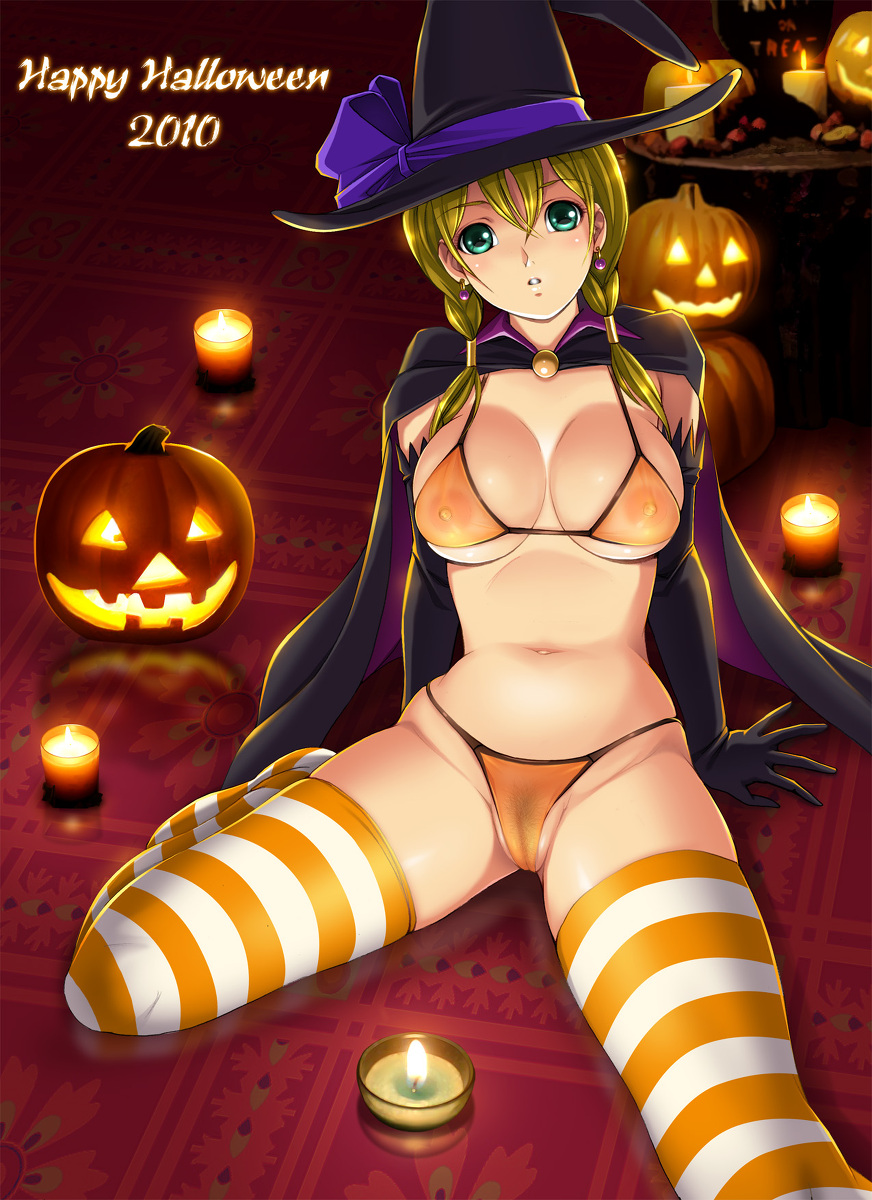 bikini black_gloves blonde breasts cameltoe candle cape earrings elbow_gloves fire gloves green_eyes halloween jack-o'-lantern large_breasts mizugi nipples oppai pubic_hair pumpkin sitting striped_thighhighs thighhighs transparent_clothing twin_tails witch_hat