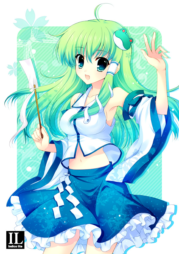 ahoge blue_eyes detached_sleeves frog gohei green_hair hair_ornament kochiya_sanae long_hair midriff mitha navel open_mouth shide skirt snake solo touhou