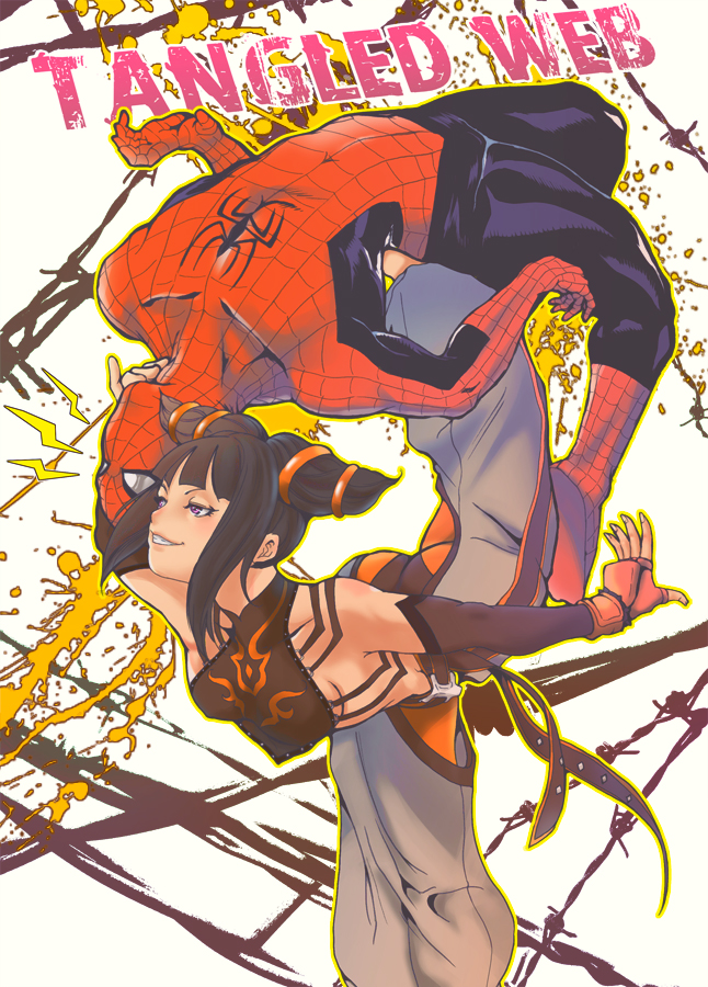 1girl barbed_wire bare_shoulders black_hair crossover drill_hair dudou evil_grin evil_smile fingerless_gloves gloves grin halter_top halterneck han_juri inugami_mokekiyo marvel purple_eyes smile special_moves spider-man spider-man_(series) street_fighter street_fighter_iv_(series) twin_drills