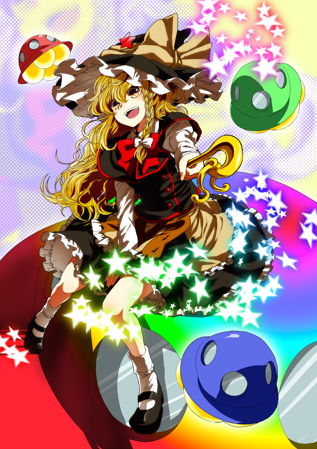 :d bad_id bad_pixiv_id blonde_hair bobby_socks bow braid capelet foreshortening hair_bow hat hat_ribbon highres kirisame_marisa long_hair mary_janes open_mouth ribbon ruchi shoes side_braid single_braid smile socks solo star touhou ufo very_long_hair wand witch_hat yellow_eyes
