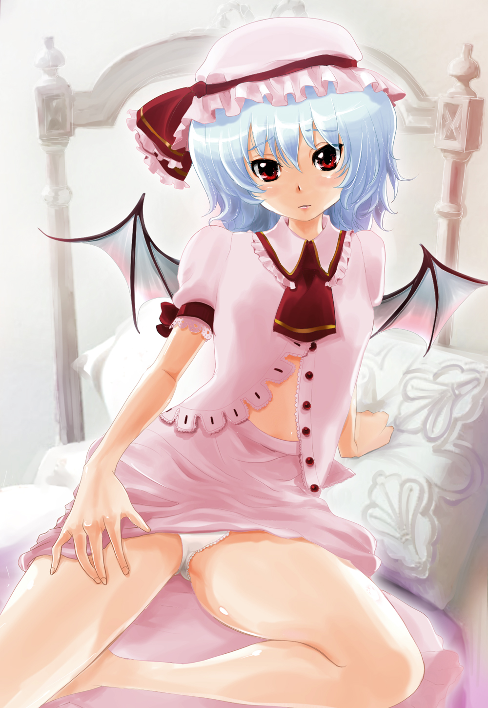 bad_id bad_pixiv_id blue_hair hat highres mori3 panties red_eyes remilia_scarlet short_hair sitting skirt skirt_lift solo touhou underwear wings