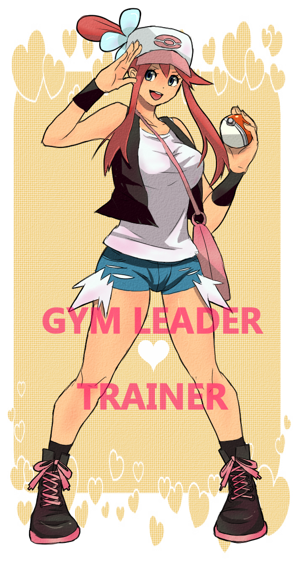bag baseball_cap breasts cosplay denim denim_shorts english female full_body fuuro_(pokemon) green_eyes gym_leader hat large_breasts open_mouth pokemon pokemon_(game) pokemon_black_and_white pokemon_bw red_hair shorts side_ponytail smile solo touko_(pokemon) touko_(pokemon)_(cosplay) vest
