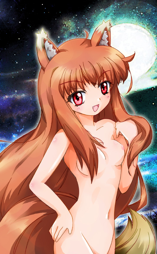 ahoge animal_ears bad_id bad_pixiv_id breasts brown_hair fang groin hand_on_hip holo long_hair medium_breasts moon navel nipples nude red_eyes sidelocks smile solo spice_and_wolf tail very_long_hair wolf_ears wolf_tail zipang_(zip@ng_works)