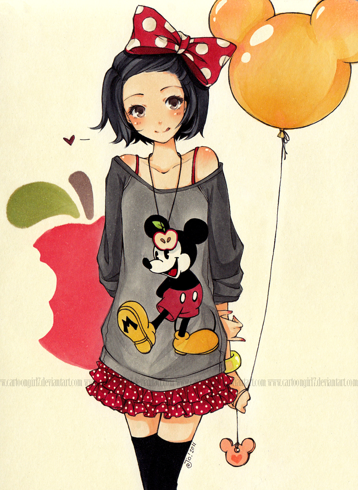 :p apple balloon black_hair blush bow bracelet brown_eyes disney food fruit hair_bow hair_ornament heart jewelry joanna_(mojo!) md5_mismatch mickey_mouse original pendant resized short_hair simple_background skirt sleeves_pushed_up smile solo thighhighs tongue tongue_out traditional_media upscaled watermark