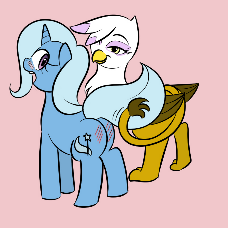 blush butt couple cutie_mark equine female feral friendship_is_magic gilda_(mlp) gryphon horn interspecies lesbian looking_back mammal my_little_pony raised_tail smile spanking trixie_(mlp) unicorn unknown_artist wings