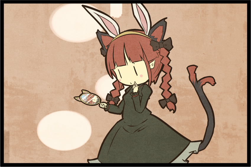 akihiyo animal_ears blush_stickers bow braid bunny_ears cat_ears cat_tail dress extra_ears hair_bow kaenbyou_rin mirror multiple_tails red_hair reflection solo tail touhou