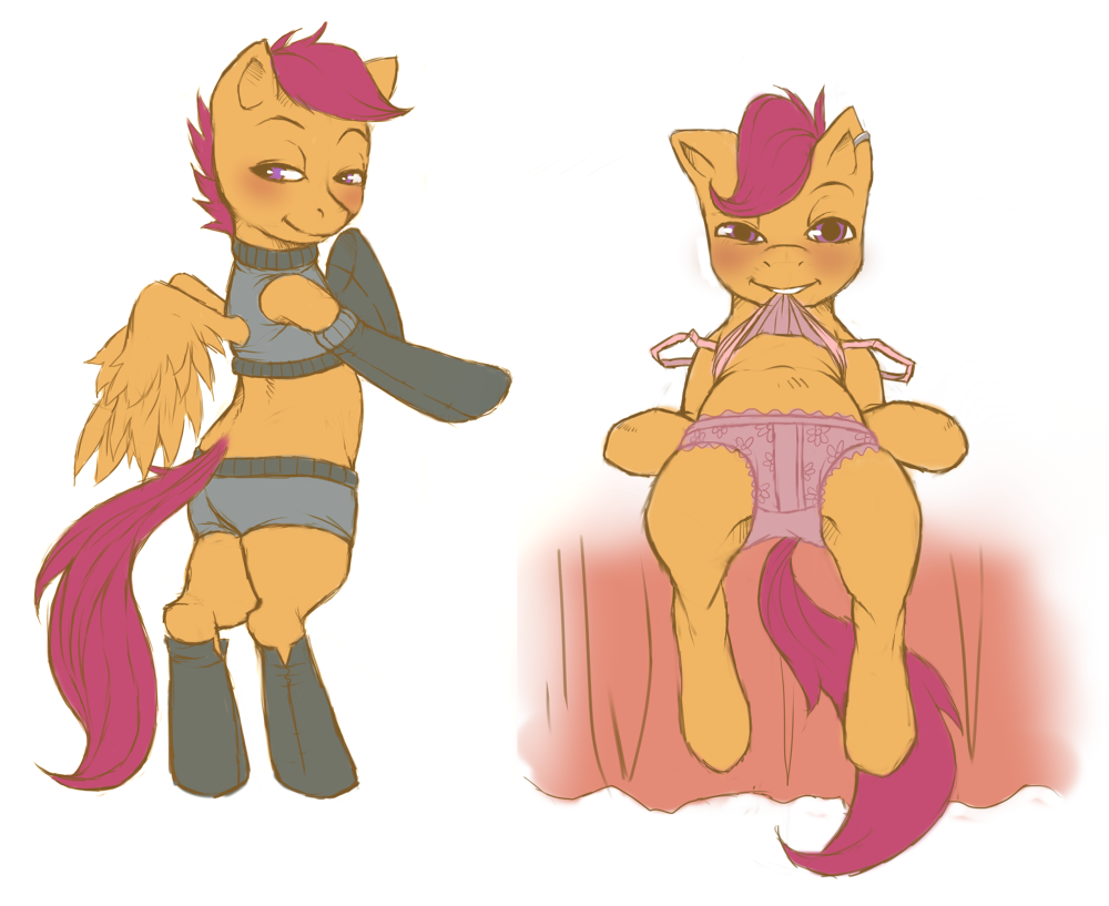 butt clothing cocked_eyebrow crookedtrees cub equine female flat_chested friendship_is_magic horse mammal my_little_pony pegasus plain_background pony railgunner scootaloo_(mlp) smile solo white_background wings young