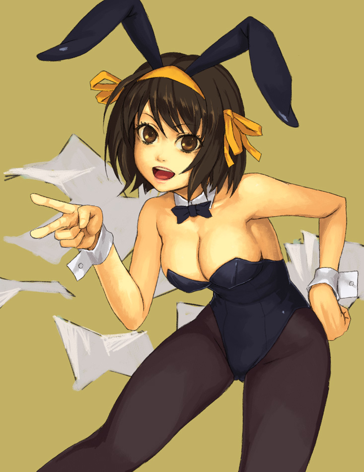 animal_ears bare_shoulders black_legwear bow bowtie breasts brown_eyes brown_hair bunny_ears bunnysuit cleavage detached_collar hair_ribbon hand_on_hip large_breasts legs open_mouth pantyhose ribbon short_hair solo suzumiya_haruhi suzumiya_haruhi_no_yuuutsu thighs v wrist_cuffs yuuji_(and)