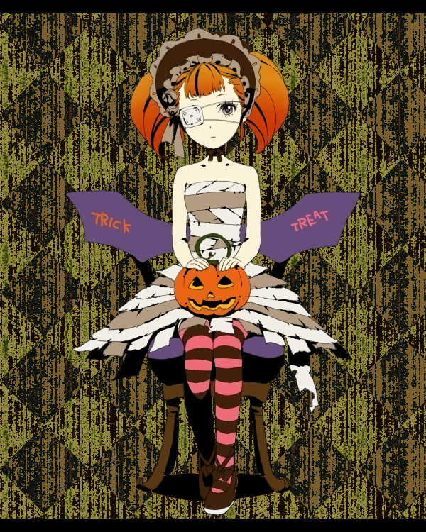 bat_wings brown_eyes chair dress eyepatch halloween headdress multicolored_hair orange_hair red_hair shoes sitting striped_thighhighs thighhighs trick_or_treat twin_tails wings