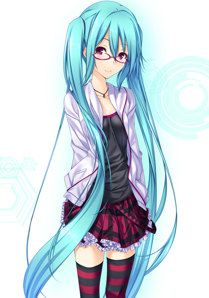 aqua_hair ayatudura glasses hatsune_miku jewelry kocchi_muite_baby_(vocaloid) long_hair necklace project_diva_(series) project_diva_2nd red_eyes skirt smile solo striped striped_legwear thighhighs twintails very_long_hair vocaloid