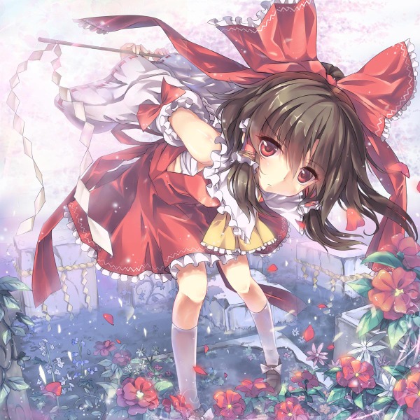 arms_behind_back ascot bow brown_hair detached_sleeves hair_tubes hakurei_reimu image_sample md5_mismatch north_abyssor pixiv_sample short_hair solo touhou