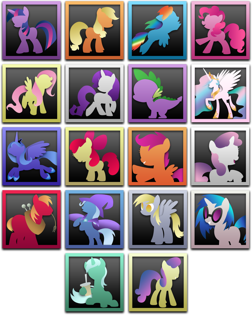 applebloom_(mlp) applejack_(mlp) atomicgreymon awesome big_macintosh_(mlp) blue_fur bon_bon_(mlp) bonbon_(mlp) derpy_hooves_(mlp) dragon equine female feral fluttershy_(mlp) friendship_is_magic fur horn horse icons lyra_(mlp) lyra_heartstrings_(mlp) male mammal minimalist my_little_pony pegasus pink_fur pinkie_pie_(mlp) pony princess princess_celestia_(mlp) princess_luna_(mlp) rainbow_dash_(mlp) rarity_(mlp) royalty scalie scootaloo_(mlp) spike_(mlp) trixie_(mlp) twilight_sparkle_(mlp) unicorn vinyl_scratch_(mlp) winged_unicorn wings