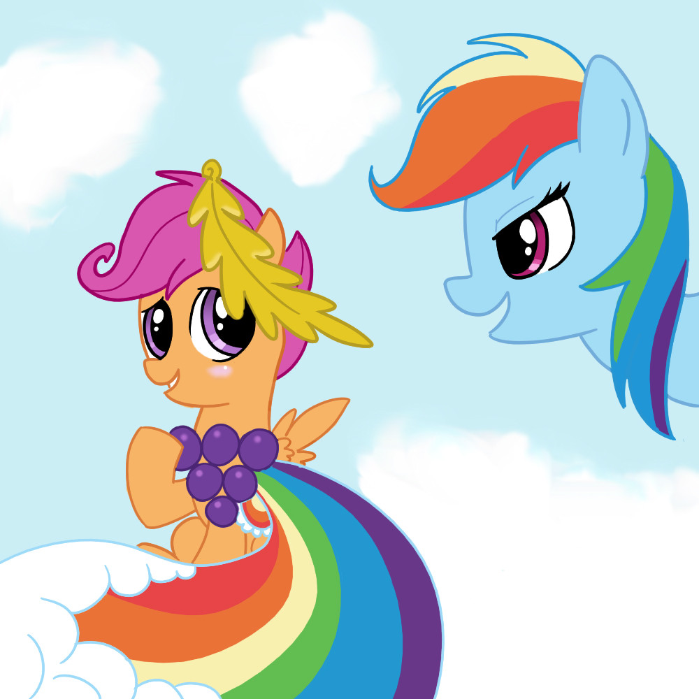 cute dress equine female feral friendship_is_magic hair horse mammal multi-colored_hair my_little_pony pegasus pink_eyes pink_hair pony rainbow_dash_(mlp) rainbow_hair scootaloo_(mlp) unknown_artist wings young