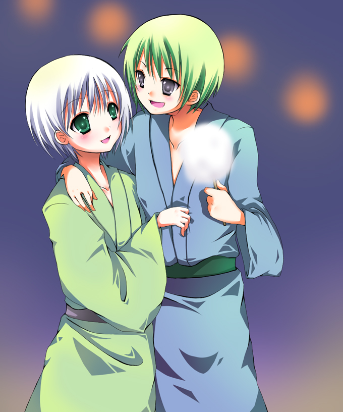 :d cotton_candy green_eyes green_hair grey_eyes hand_on_shoulder happy japanese_clothes kimono meru0810 multiple_boys open_mouth ruca_milda smile spada_belforma tales_of_(series) tales_of_innocence white_hair