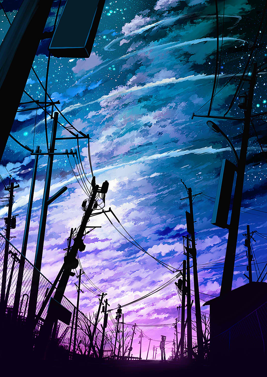 1boy chain-link_fence cloud fence highres original outdoors power_lines scenery solo star_(sky) telephone_pole transformer twilight