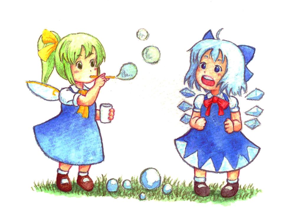 :o acrylic_paint_(medium) ahoge blue_dress blue_eyes blue_hair bow bubble bubble_blowing bubble_pipe cirno colored_pencil_(medium) daiyousei dress fairy_wings grass green_eyes green_hair hair_bow large_bow mary_janes multiple_girls shoes short_hair side_ponytail terrajin touhou traditional_media wings