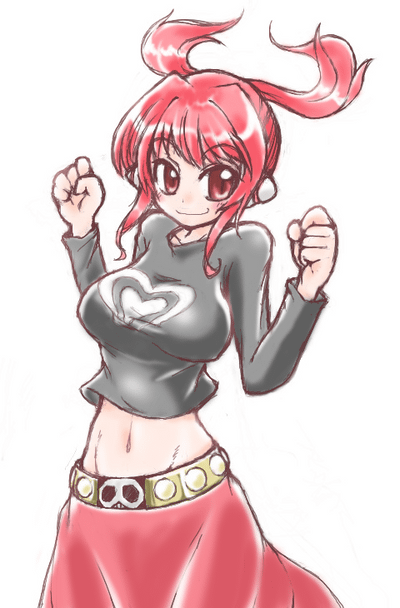 breasts kae large_breasts long_sleeves midriff red_eyes red_hair robot_ears solo sotto suguri twintails
