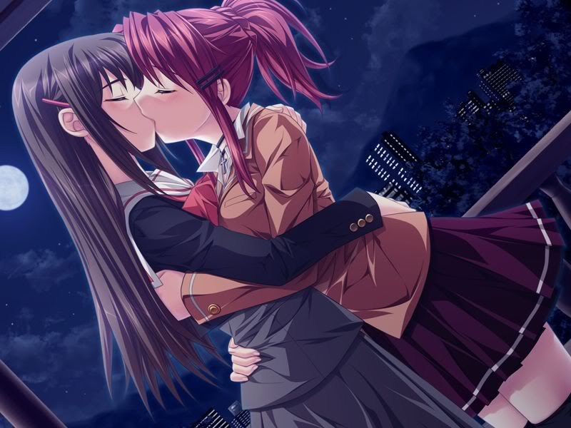 1boy 1girl black_hair blush cityscape cross crossdressing dutch_angle eyes_closed game_cg hair_ornament hairclip hug kiss kissing long_hair love minamoto_rui moon night ponytail red_hair rui_wa_tomo_wo_yobu school_uniform skirt trap wakutsu_tomo