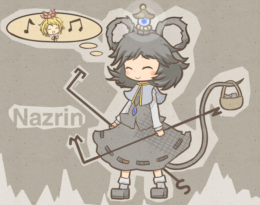 akihiyo animal_ears basket bishamonten's_pagoda blush_stickers capelet closed_eyes dowsing_rod dress gem grey_hair jewelry lantern mouse mouse_ears mouse_tail multicolored_hair multiple_girls nazrin pendant shoes socks standing tail thought_bubble toramaru_shou touhou two-tone_hair