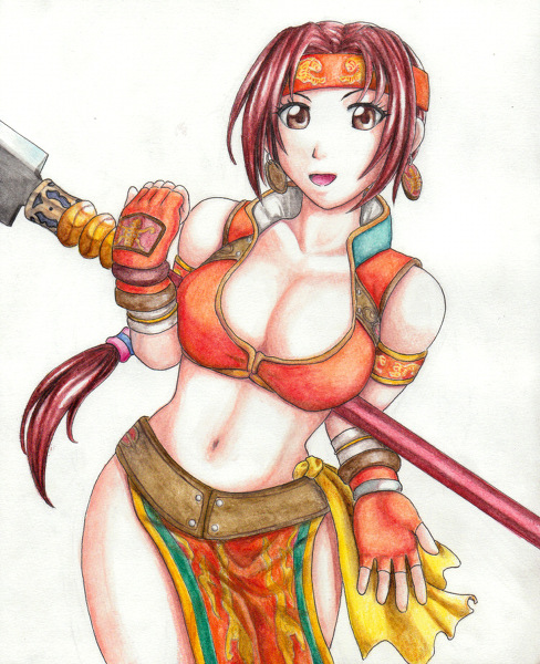 breasts brown_eyes brown_hair female gradient gradient_background pixiv_thumbnail resized seong_mi-na seung_mina smile solo soul_calibur soulcalibur_ii weapon white_background