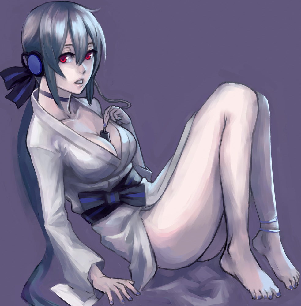 ahoge anklet barefoot between_breasts bow breasts choker cleavage feet hair_bow hair_ornament headphones japanese_clothes jewelry kimono lips long_hair looking_at_viewer medium_breasts nail_polish open_mouth parted_lips red_eyes silver_hair sitting solo utu_(ldnsft) very_long_hair vocaloid voyakiloid yowane_haku