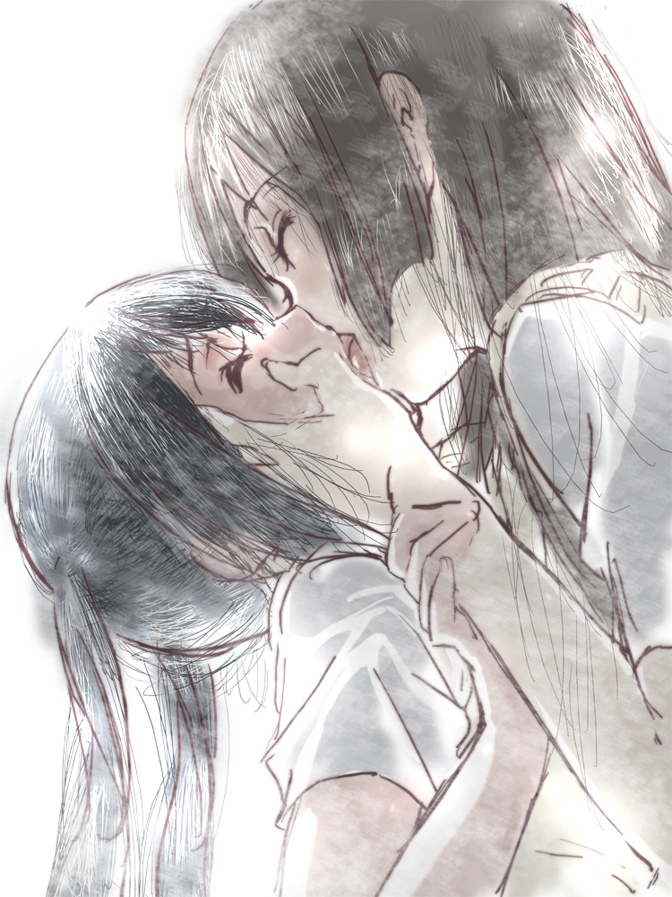 akiyama_mio bad_id bad_pixiv_id black_hair closed_eyes dodai_shouji french_kiss hand_on_another's_cheek hand_on_another's_face hime_cut k-on! kiss long_hair multiple_girls nakano_azusa profile sketch tongue twintails wrist_grab yuri