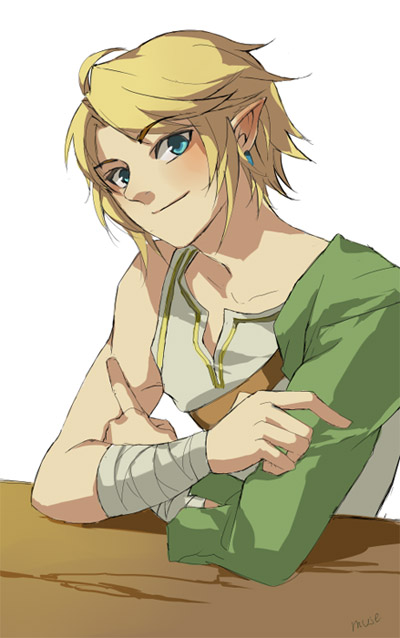 bandages blonde_hair blue_eyes earrings jewelry link male_focus muse_(rainforest) pointy_ears smile solo the_legend_of_zelda