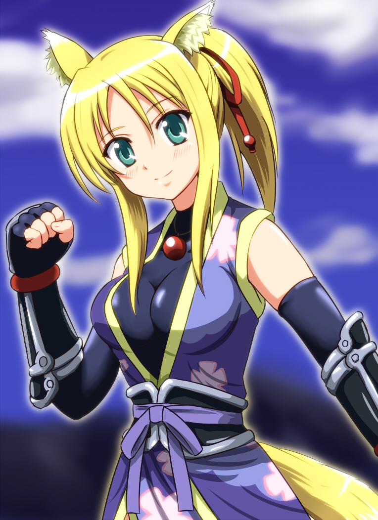 animal_ears armor blonde_hair breasts diesel-turbo dog_days fingerless_gloves fox_ears fox_tail gloves green_eyes hair_ribbon japanese_armor japanese_clothes jewelry kote kurokote medium_breasts necklace ponytail ribbon smile solo tail yukikaze_panettone