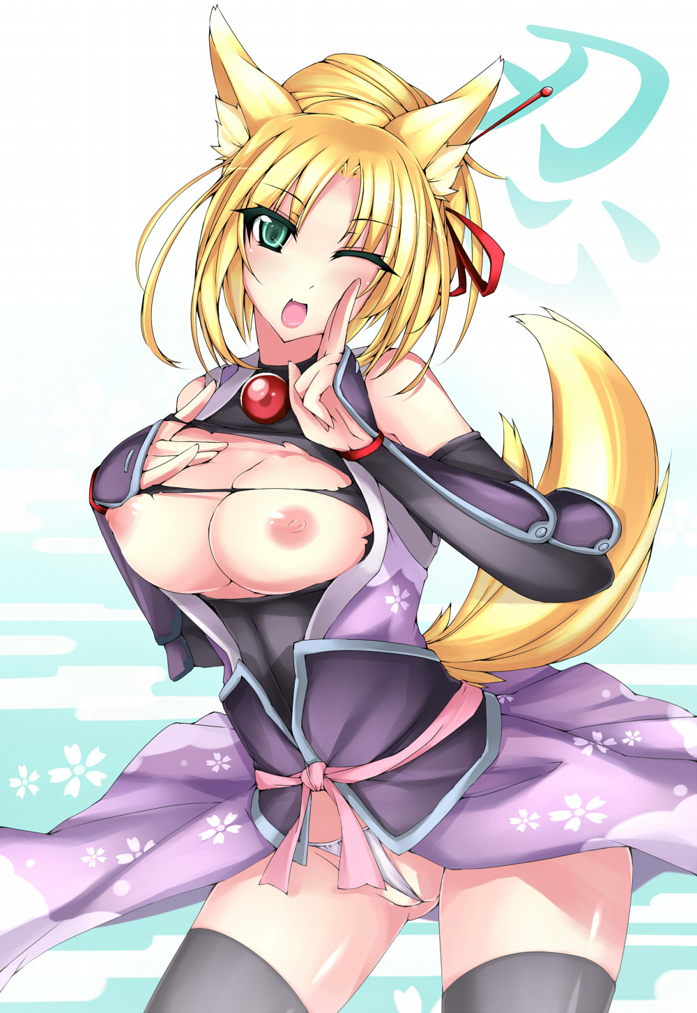 animal_ears armor blonde_hair blush breasts dean dog_days fingerless_gloves fox_ears fox_tail gloves green_eyes highres japanese_clothes jewelry large_breasts legs long_hair nipples no_bra open_mouth panties solo tail thighhighs torn_clothes underwear white_panties yukikaze_panettone