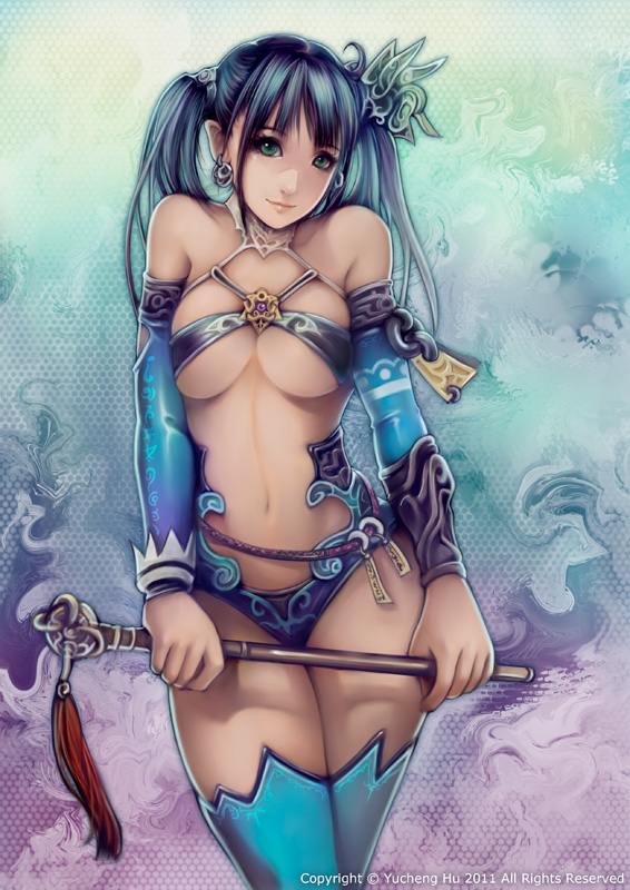 arms_at_sides blue_hair blue_legwear breasts cleavage earrings green_eyes hair_ornament hairpin jewelry large_breasts legs long_hair midriff navel original pointy_ears print_sleeves revealing_clothes smile solo thighhighs thighs twintails underboob wand wuduo